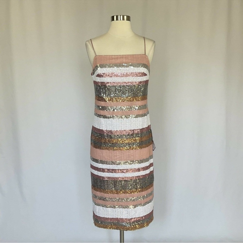 Vince Camuto Striped Sequin Midi Dress - Pink, Gold, Silver, White